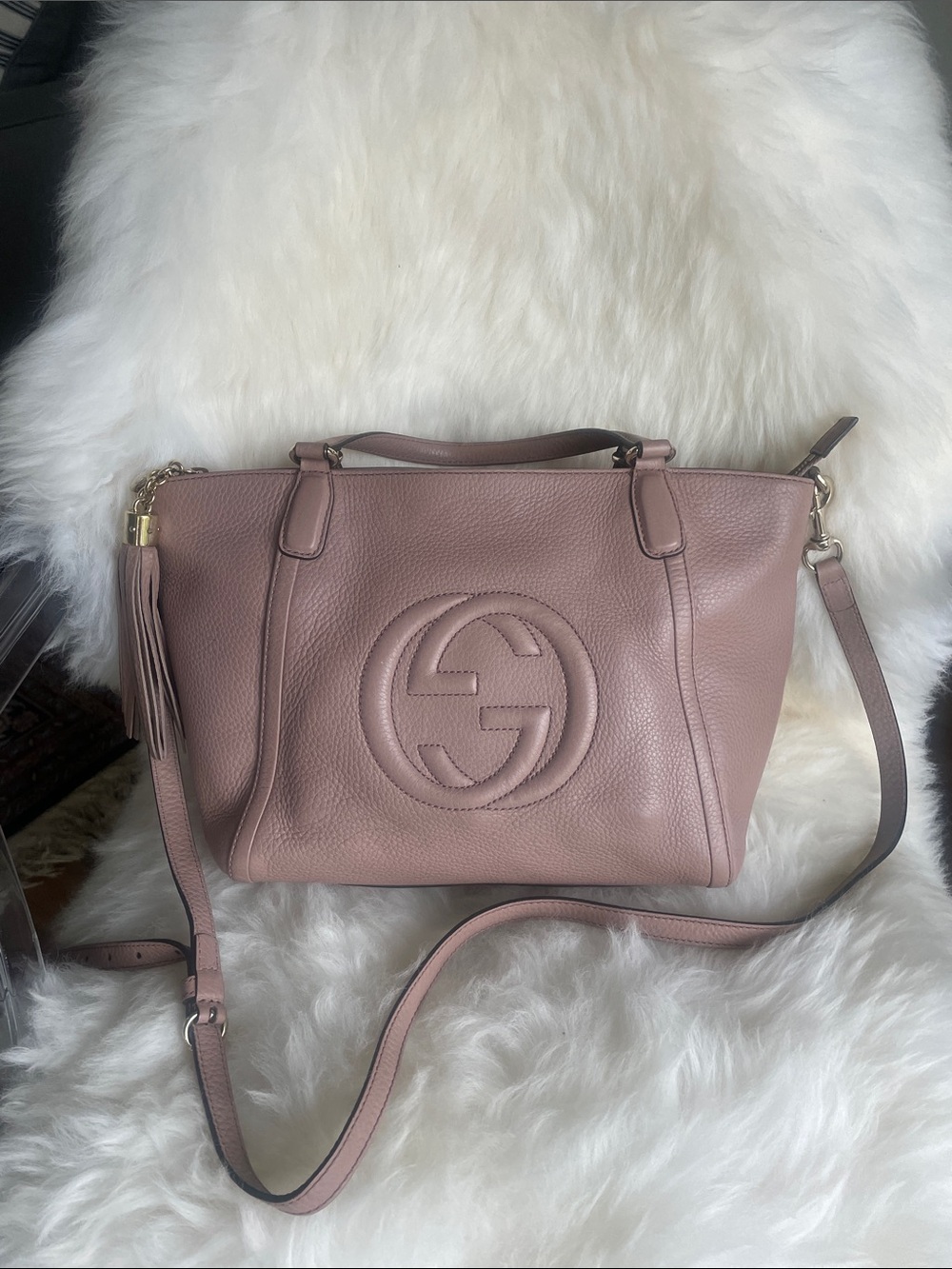 Gucci Mauve Taupe Leather Shoulder Bag with Tassel